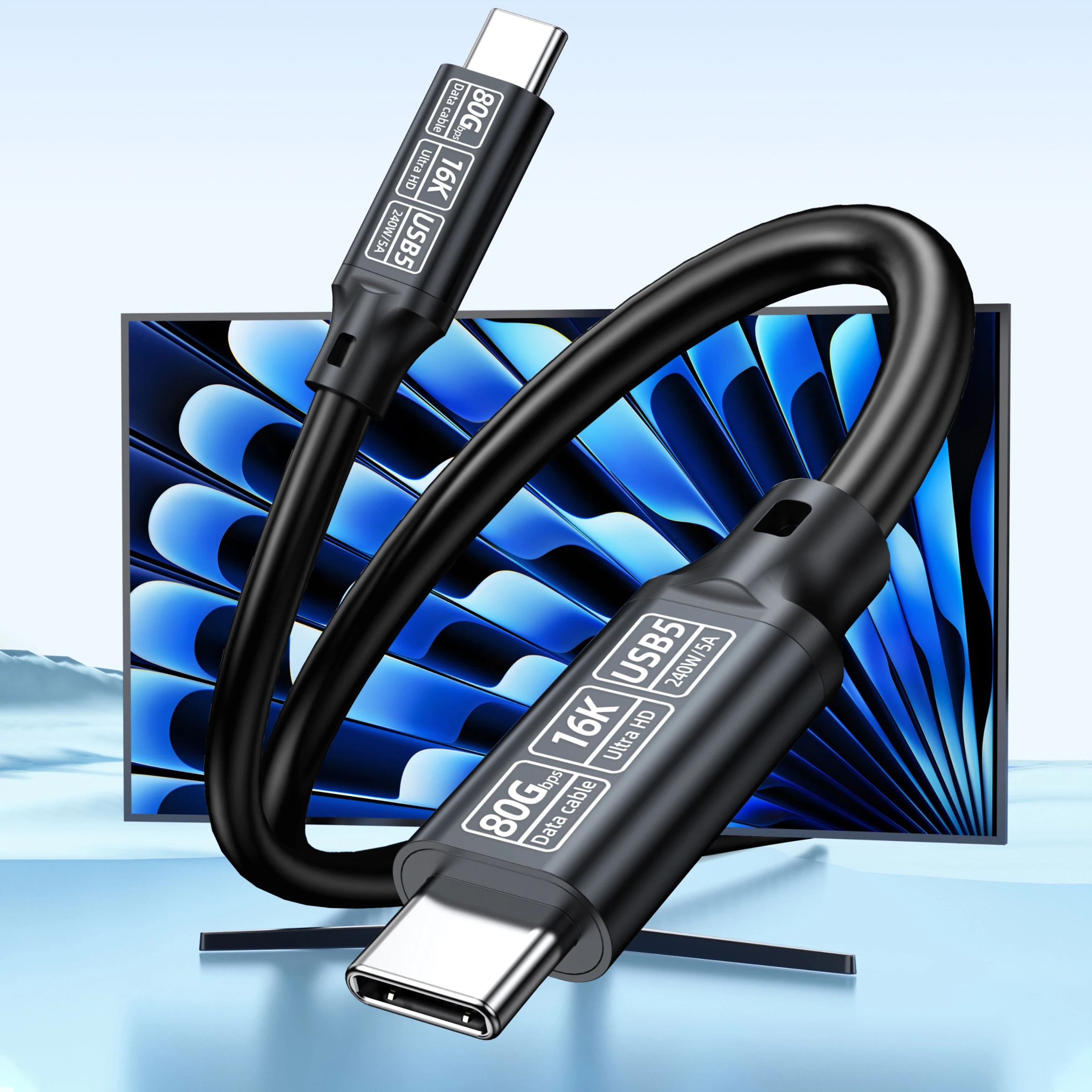 كابل شحن سريع 240 وات USB-C إلى USB-C 5A كابل بيانات 80 جيجابت في الثانية متوافق مع كابل عرض Thunderbolt 5/4/3 16K60 هرتز Type-C