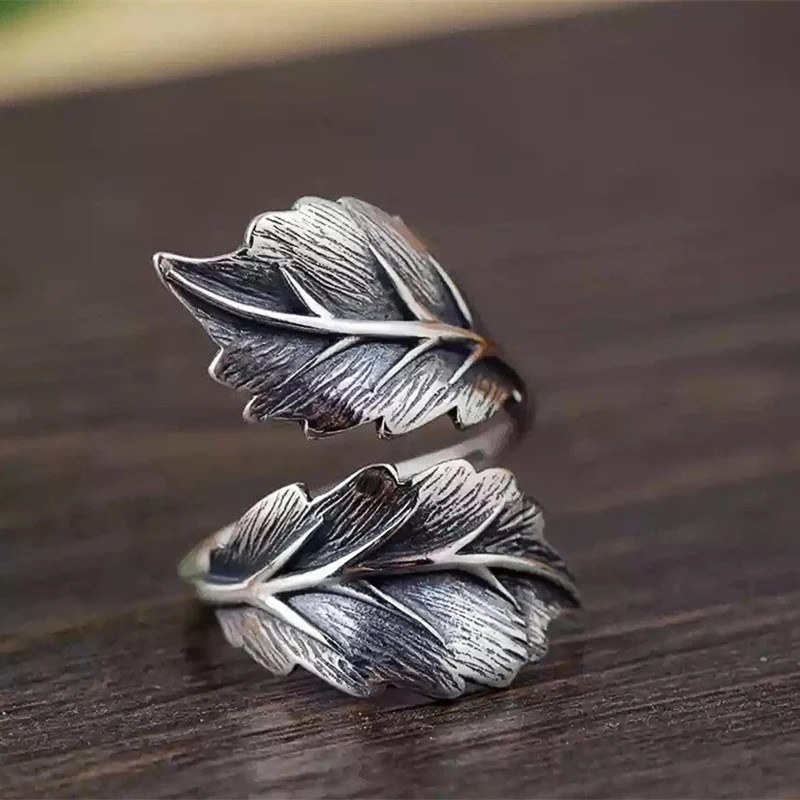 Huitan Punk Blatt-Öffnungsring für Frauen Antik-Silberfarben Hip-Hop-Accessoires Vintage-Ringe Verstellbarer Fingerschmuck