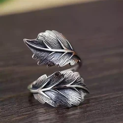Huitan Punk Leaf Opening Ring for Women Antique Silver Color Hip Hop Accessories Vintage Rings Adjustable Finger Jewelry