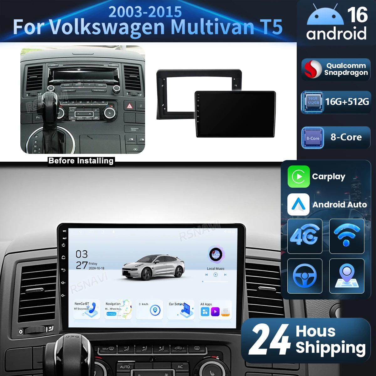 

Android15 Carplay Auto 2K Screen Car Radio Multimedia Player For Volkswagen VW Multivan T5 2003-2015 WIFI 4G BT Stereo 16G 512G