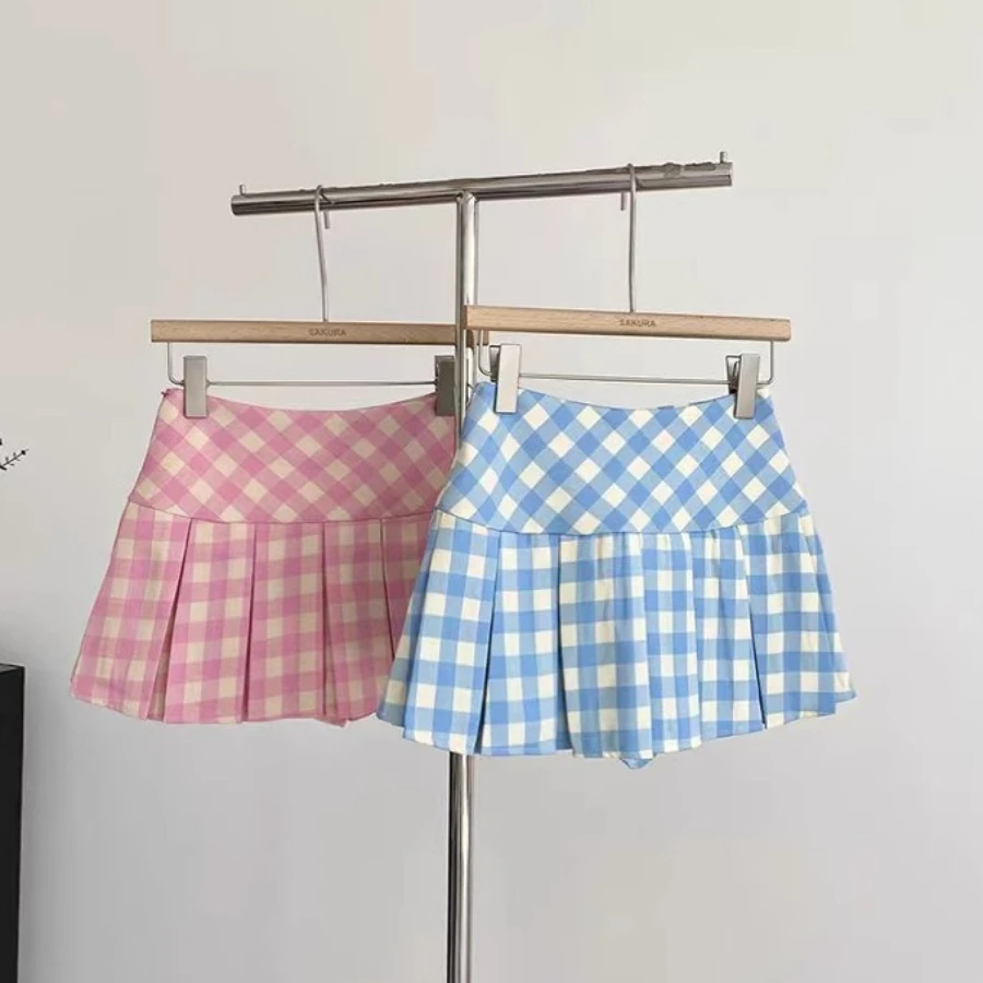 

Girls Gingham Pleated Mini Skort High Waist Plaid Tennis Skirt with Built-in Shorts Pink/Blue Casual & School Wear Preppy Style
