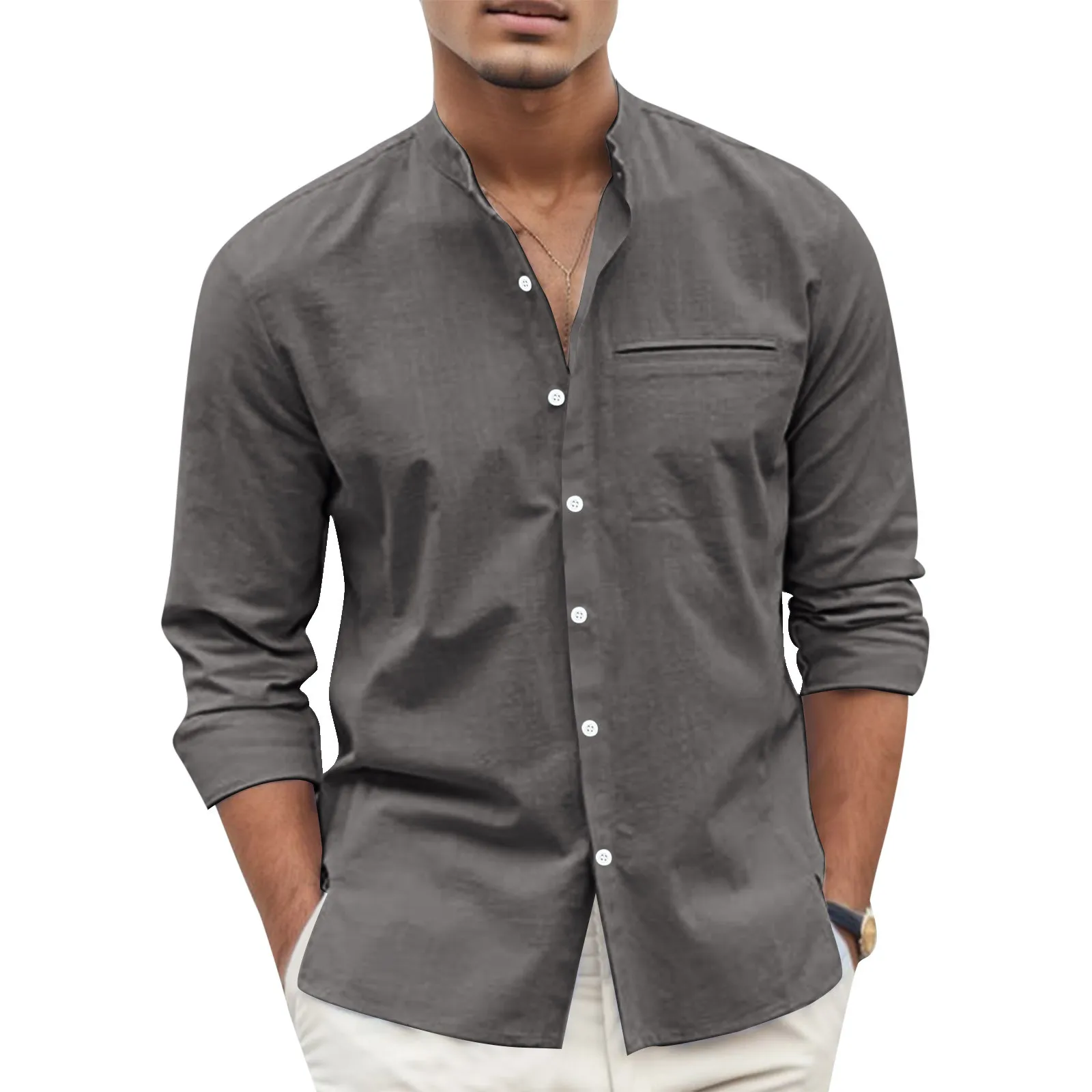 Camisa verde de verano para hombre, Blusas blancas de cuello Henley, Blusas informales ajustadas de manga larga, Blusas hawaianas de playa de Color sólido