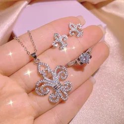 NEW Creative Hollow Cross Flower Three-piece Ring Pendant Necklace Stud Earrings For Women Anniversary Geometry Gift Jewelry