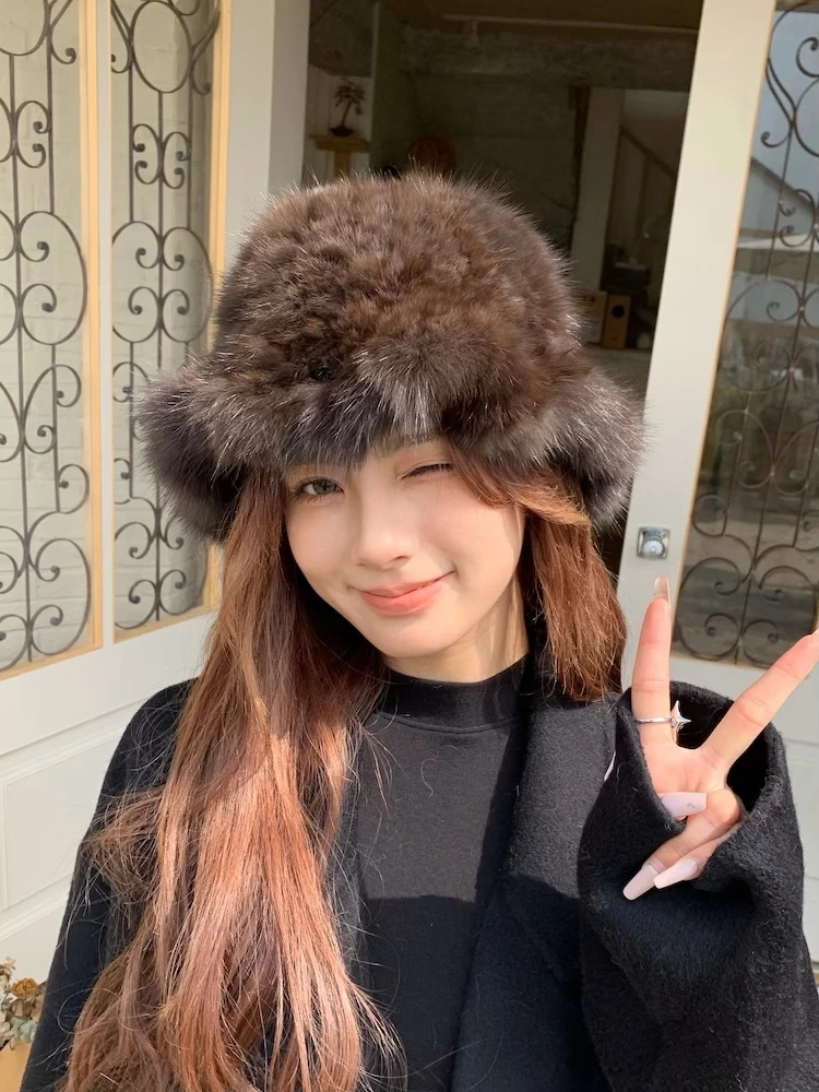 2025 nuevo gorro de piel de marta cálido para mujer, gorro de piel de visón auténtica Natural y cálido, gorros de piel auténtica 100% tejidos para mujer, silenciador