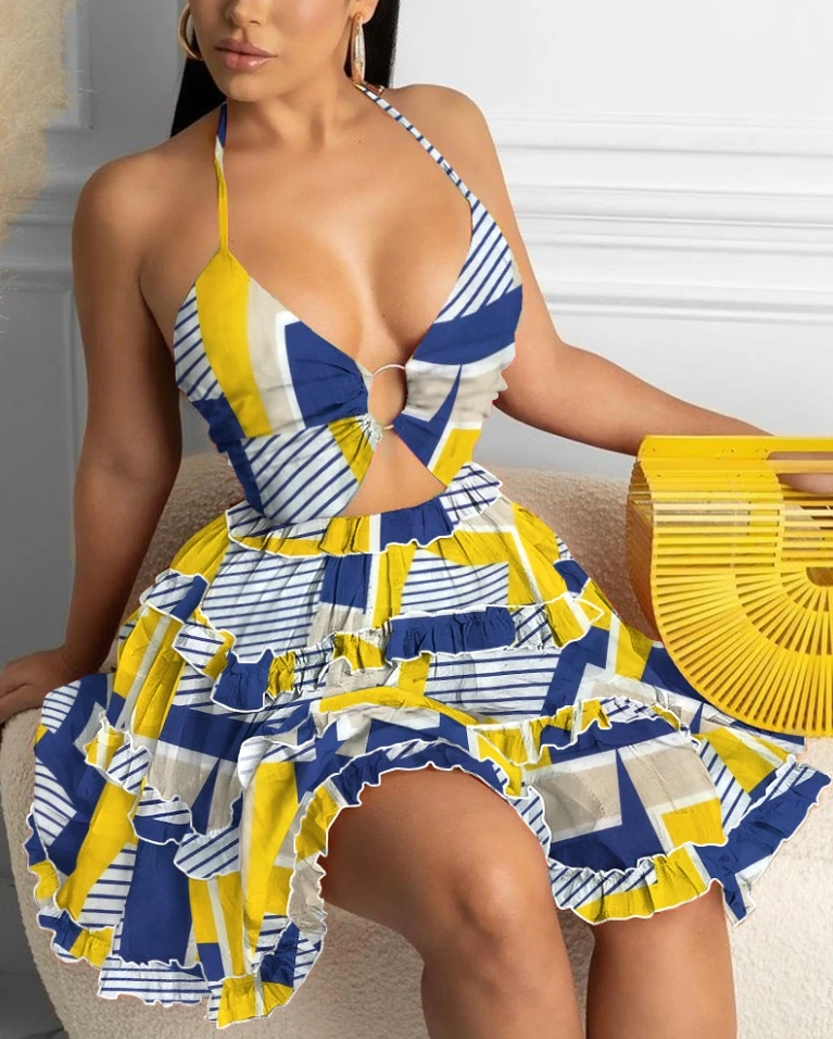 

Women's Dress 2024 Summer Fashion Elegant Commuting Print Frill Ruched Halter Sleeveless Ring Decor Cutout A-line Mini Dress