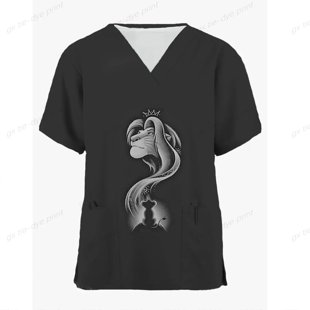 Summer Short Sleeve Disney Lion King Print Working Uniform Shirts Workwear Nursing Scrubs Pockets Medical Uniforms Blouse