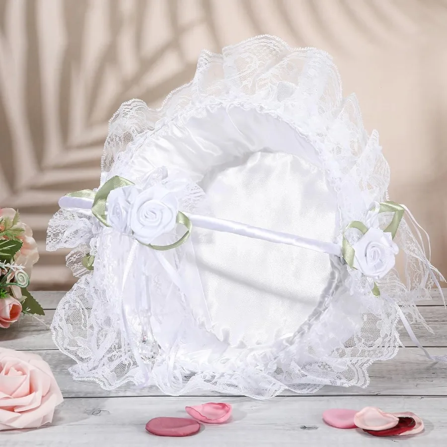 2 قطعة 9 بوصة الزفاف زهرة فتاة سلال مع مقبض قابل للطي الساتان الدانتيل Bowknot سلال ل فتاة الزهور الزفاف أنيقة و Pr #6