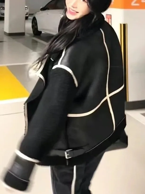 Retro Chic Damen Jaet Winter Thiened Lammfell Biker Sle Wildleder Samtmantel mit Fce Innenschicht Farbe Blo Design