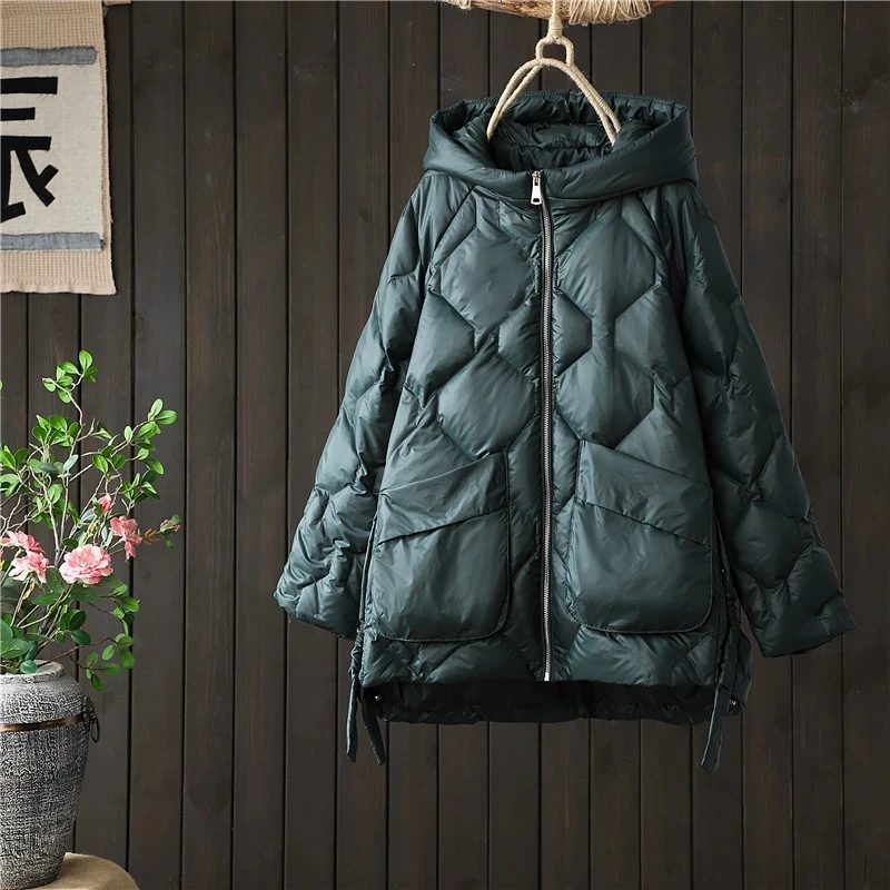 

2024 Korean Fashion Winter Hooded Thick Down Jacket Women's Loose Long Sleeve Warm Light White Duck down Casual Jacket Female