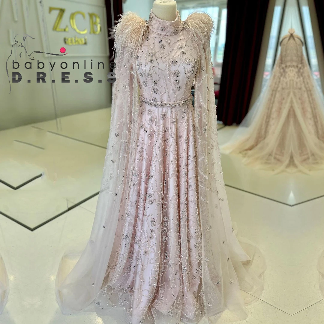 

BABYONLINE Customized Luxury Wedding Gown Dubai Bride Dress Wrap-up High-neck with Gems Fully Sparking Beaded All Over the Gowns