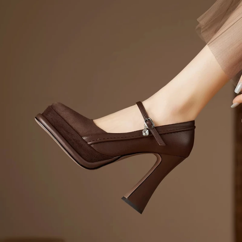 

High-heel Thick-soled Wide-heel Round-top Shallow-mouth Buckle Fashion Versatile Comfortable Anti-slip Breathable Women's Shoes