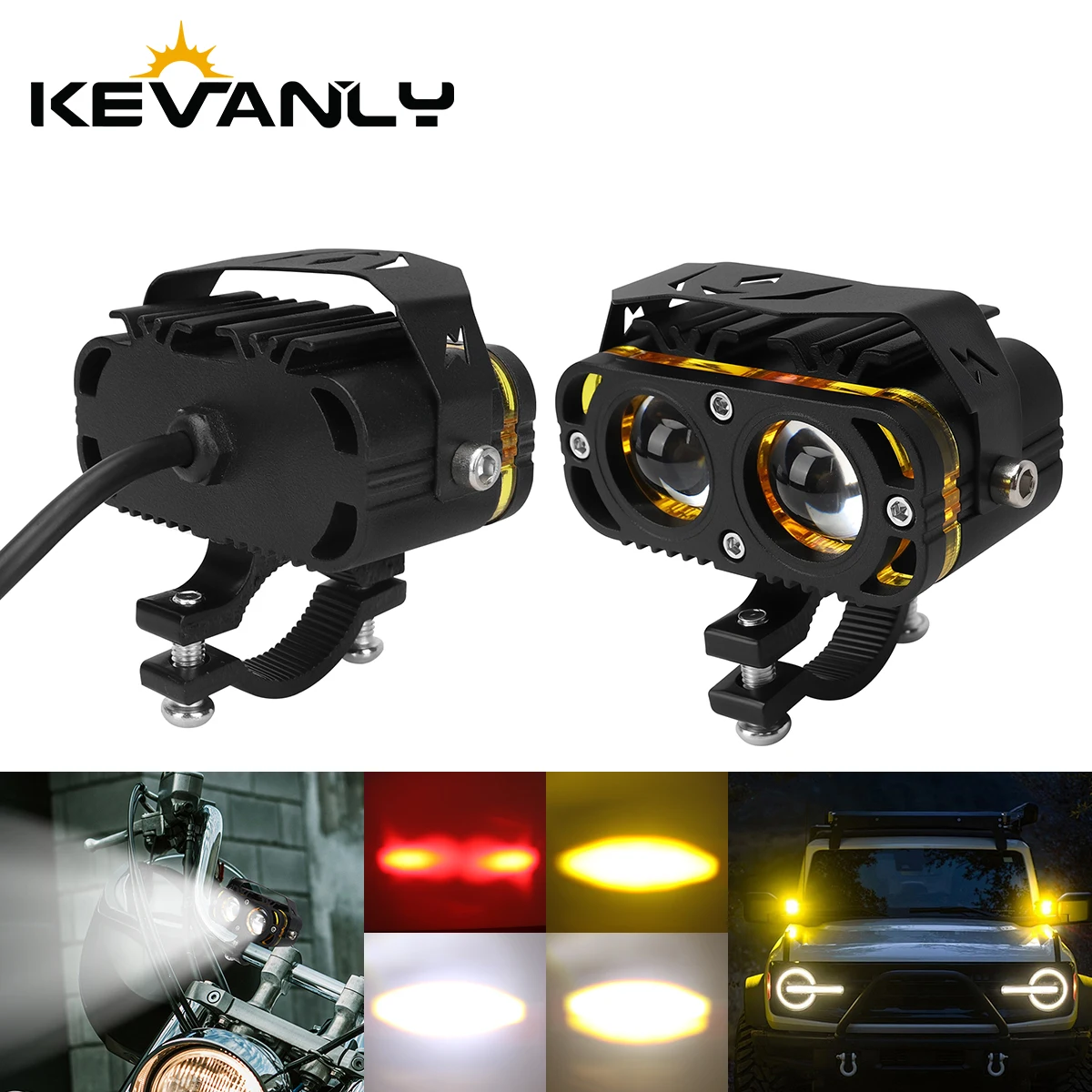 2 focos LED para motocicleta, doble color blanco y amarillo con halo RGB estroboscópico para ATV, SUV, todoterreno, luz antiniebla, luz de trabajo para RV, 12-24V