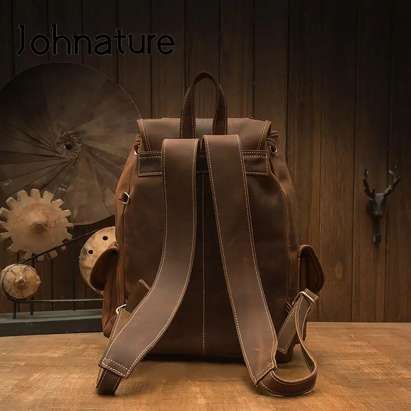 Imagem -04 - Johnature-mochila de Couro Vintage para Homens Bolsa de Viagem ao ar Livre Mochila de Couro de Lazer Grande Capacidade Nova Moda 2024