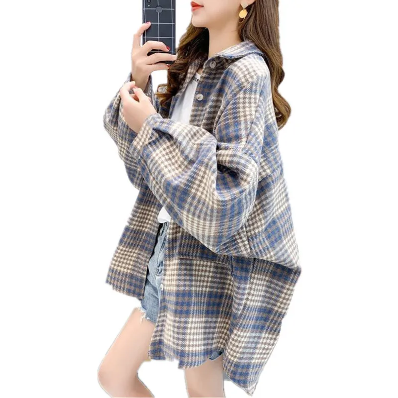 Women's Loose Plaid Shirt Lapel Long Sleeve Office Lady Blouses Tops Female Clothing Fashion 