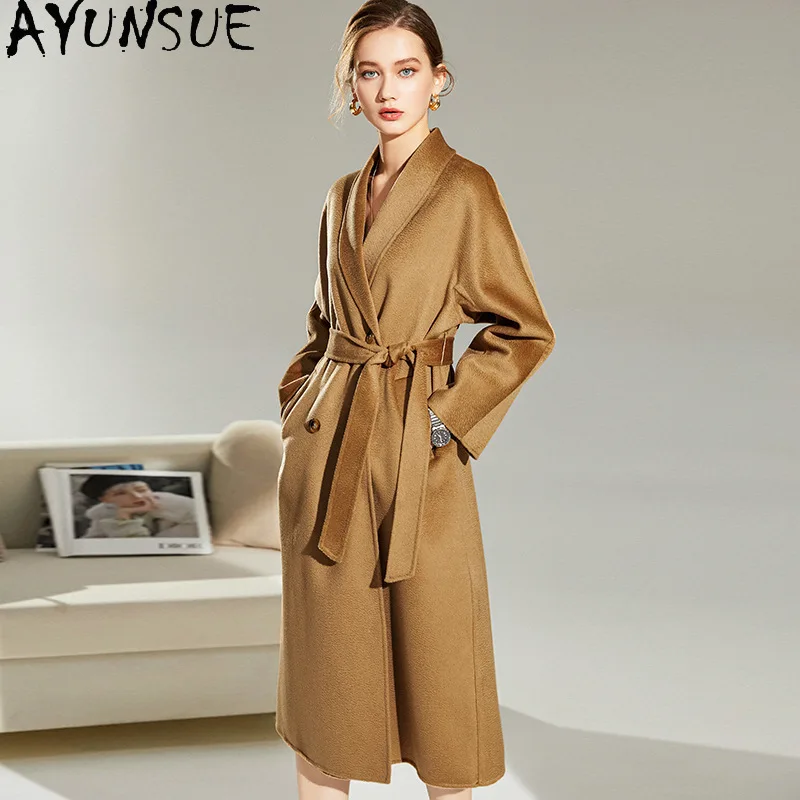 AYUSNUE 95.7% Wool Winter Jacket Women Double-side Woolen Coats Streetwear Mid-long Trench Coat Woman Clothes Belt Abrigos Mujer