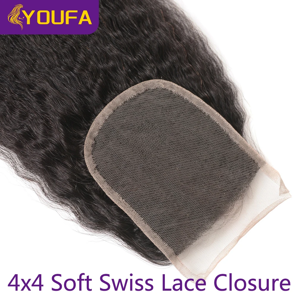 YOUFA Kinky Straight Lace Closure With Baby Hair 100% Human Hair Closures Bouncy Coarse Yaki 4x4 Lace Closure For Black Women
