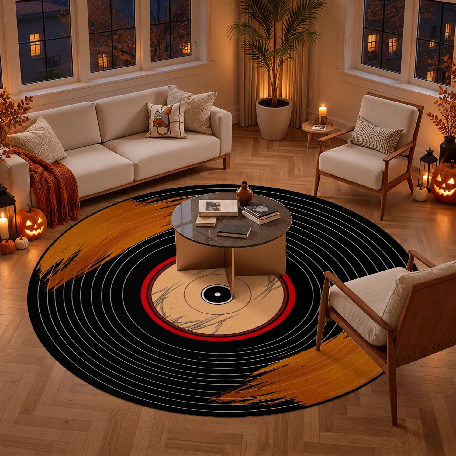 Vintage Vinyl Record Brush Stroke Pattern Round Velvet Rug, Machine Washable Soft Floor Mat for Living Room Bedroom Office, Perfect for Halloween Thanksgiving Christmas New Year Black Friday Home Decor