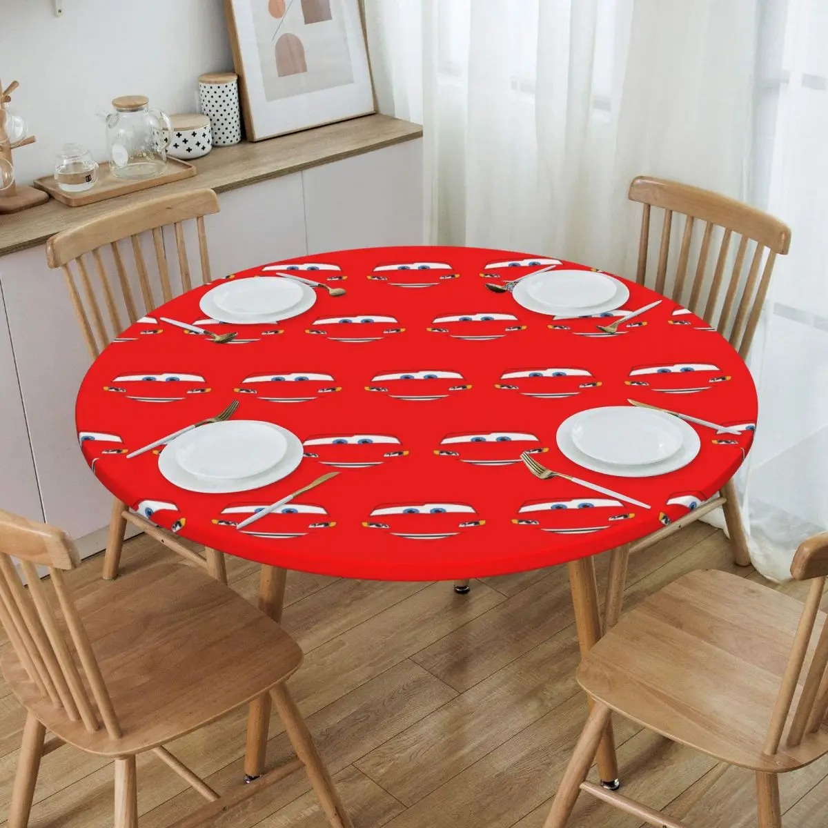 Round Waterproof Happy Cars Lightning McQueen Table Cover Elastic Fitted Cartoon Table Cloth Backed Edge Tablecloth for Dining