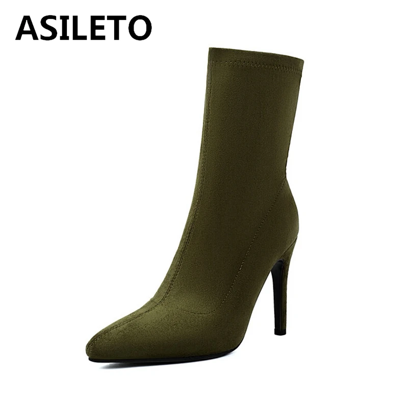 

ASILETO Fashion 10cm Stiletto Heel Faux Suede Block Ankle Boots Slip On Autumn Antislip Shoes Big Size 48 US17 Apricot Black