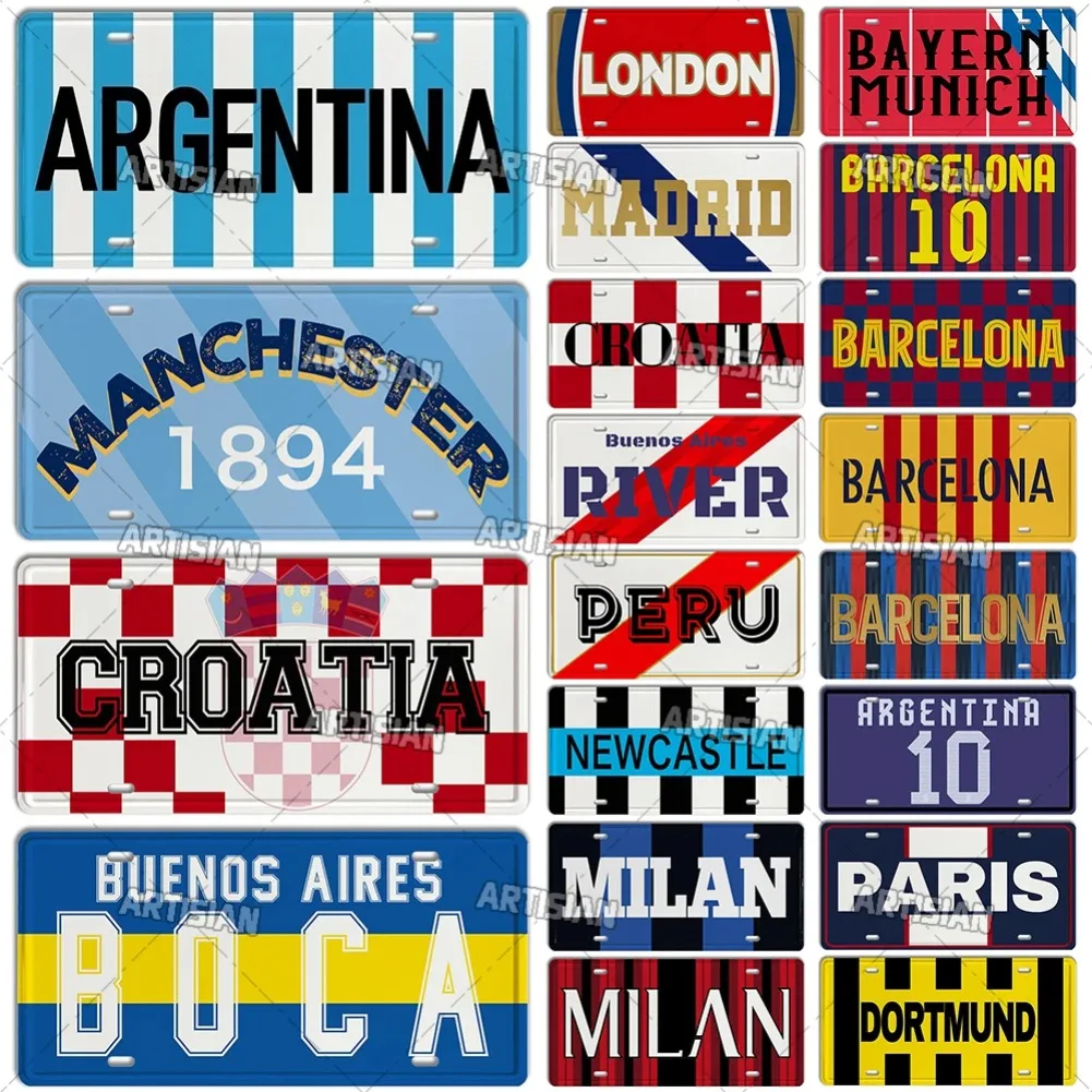 Placa de licença Artisian Ctiy MILAN Barcelona Madrid Country Placa de metal Tottenham LIverpool Manchester Decortaive Car Sign Wall