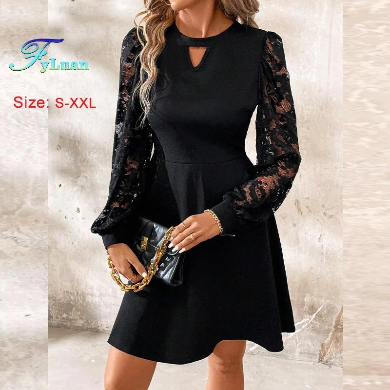 Elegancka sukienka damska na rok 2025, czarna, z okrągłym dekoltem, koronkowymi wstawkami, długim rękawem, dopasowana, wyszczuplająca, sukienka balowa w kształcie litery A, słodka sukienka.