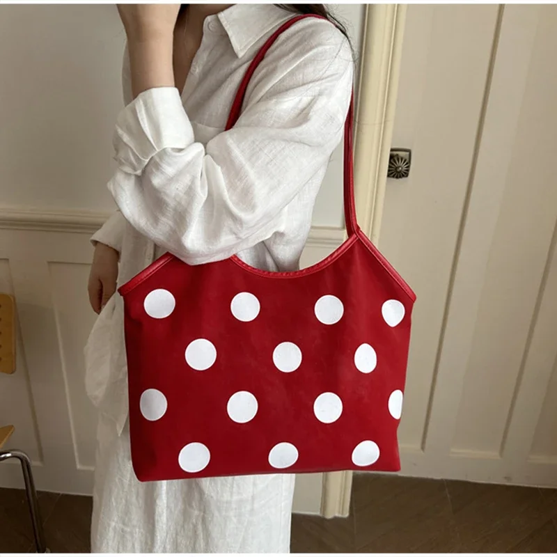 Koreanische Schultertasche mit Polka-Dot-Muster, Vintage-Kunsthandwerkliche Canvas-Tragetasche für Damen, lässige Alltagstasche mit Henkel. – Detail 21