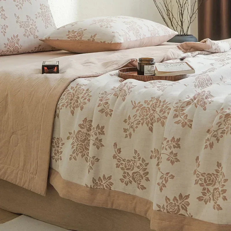

Pastoral Printed Three-Layer Yarn Summer Quilt Luxury 100% Cotton Air Conditioner Thin Comforter Baby Grade Soft Bedspread