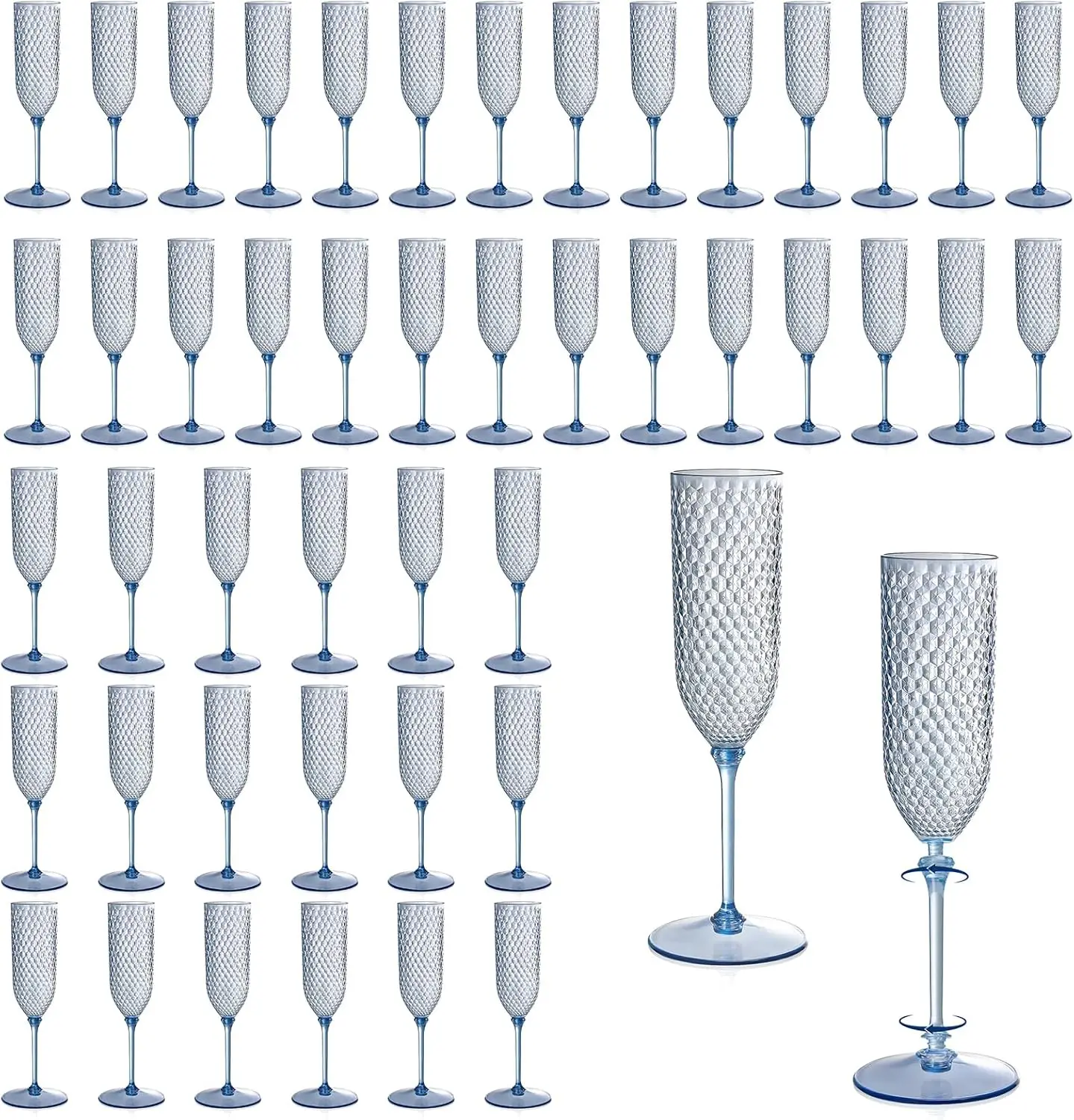 

48 Pack Blue Detachable 2-Piece Champagne Flutes, 5.5 Oz Unbreakable Plastic Stemmed Reusable Wine Toasting Glasses for Wedding