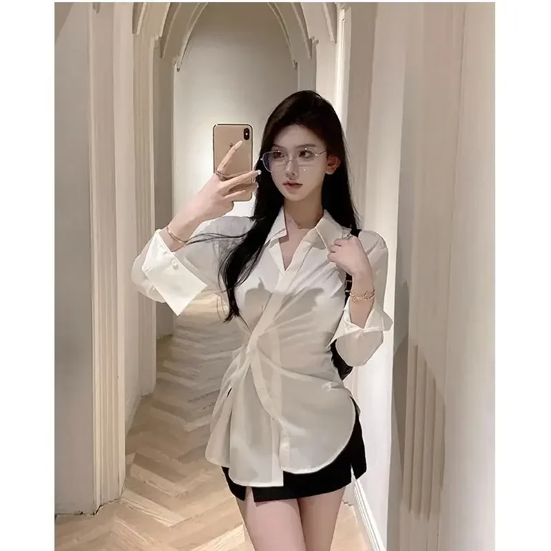 

Summer Design Pleated Shirt Women Pure Desire Style Slim Sexy Thin Cut Long Sleeved Single Breasted Top