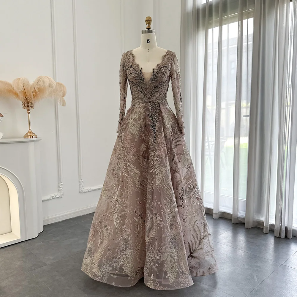 Elegante Langarm Arabisch Abendkleider für Frauen Dubai V-ausschnitt Luxus Kristall Muslimischen Hochzeit Gast Formale Party Kleider SS050