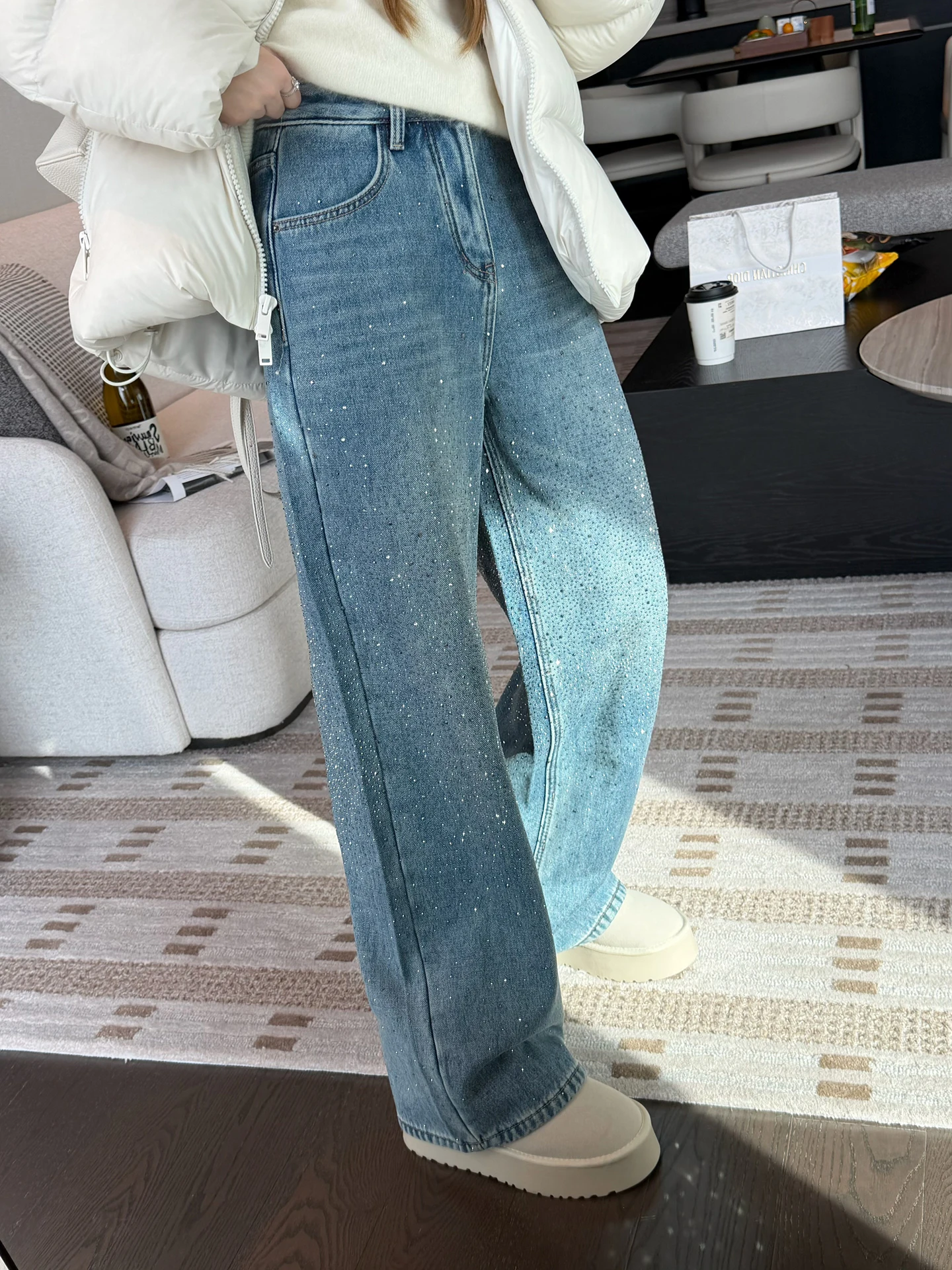 

Новые леггинсы Benxe 9: джинсы прямого кроя с интегрированными стразами и бархатом, широкие брюки с высокой талией, хлопок, на молнии