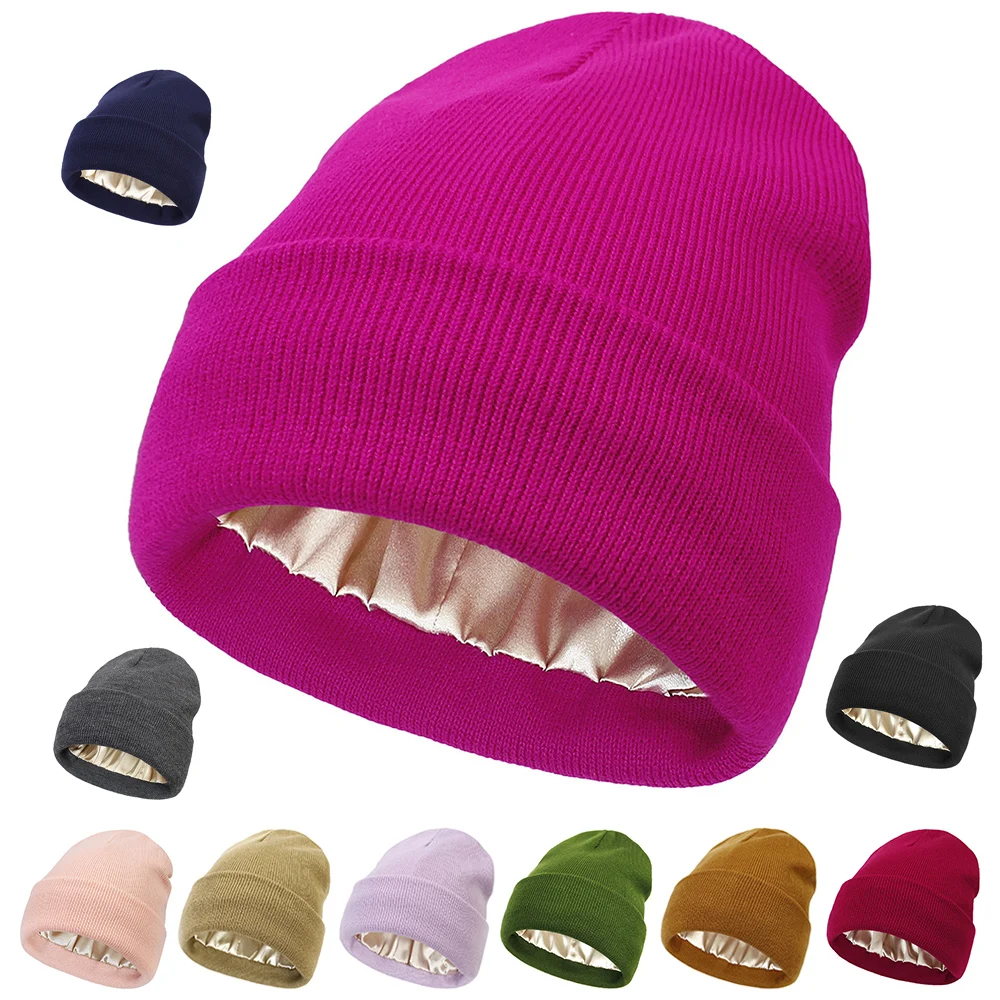 Cashmere Knitted Beanie Hat Winter Silk Satin Lined Beanie Hats Women Men Unisex Thick Chunky Cap Solid Warm Soft High Quality