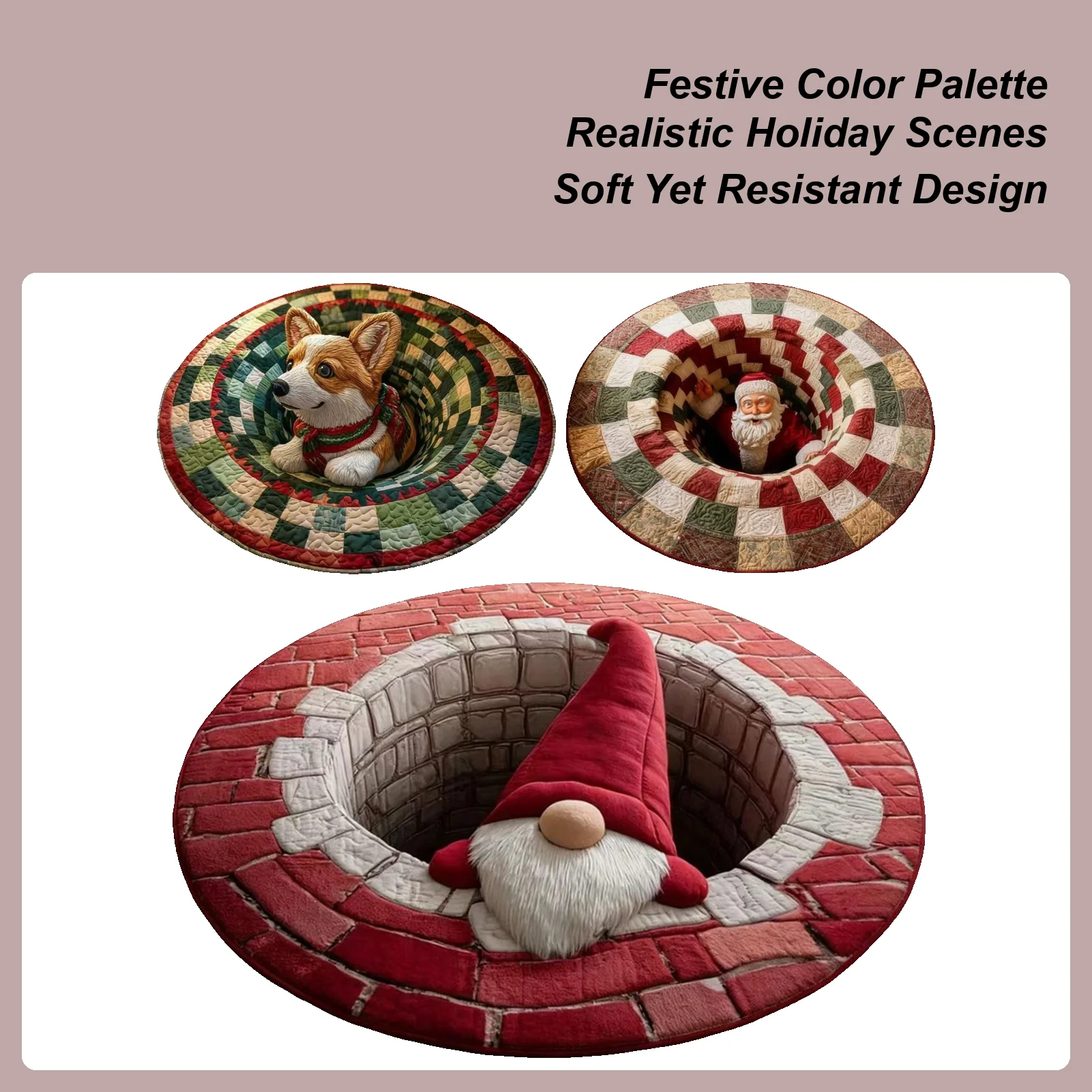 40in Christmas decorations Rug Flat 3D visual effects Santa Claus Carpet doggy Gnome pattern Quilted Round Mat home decor