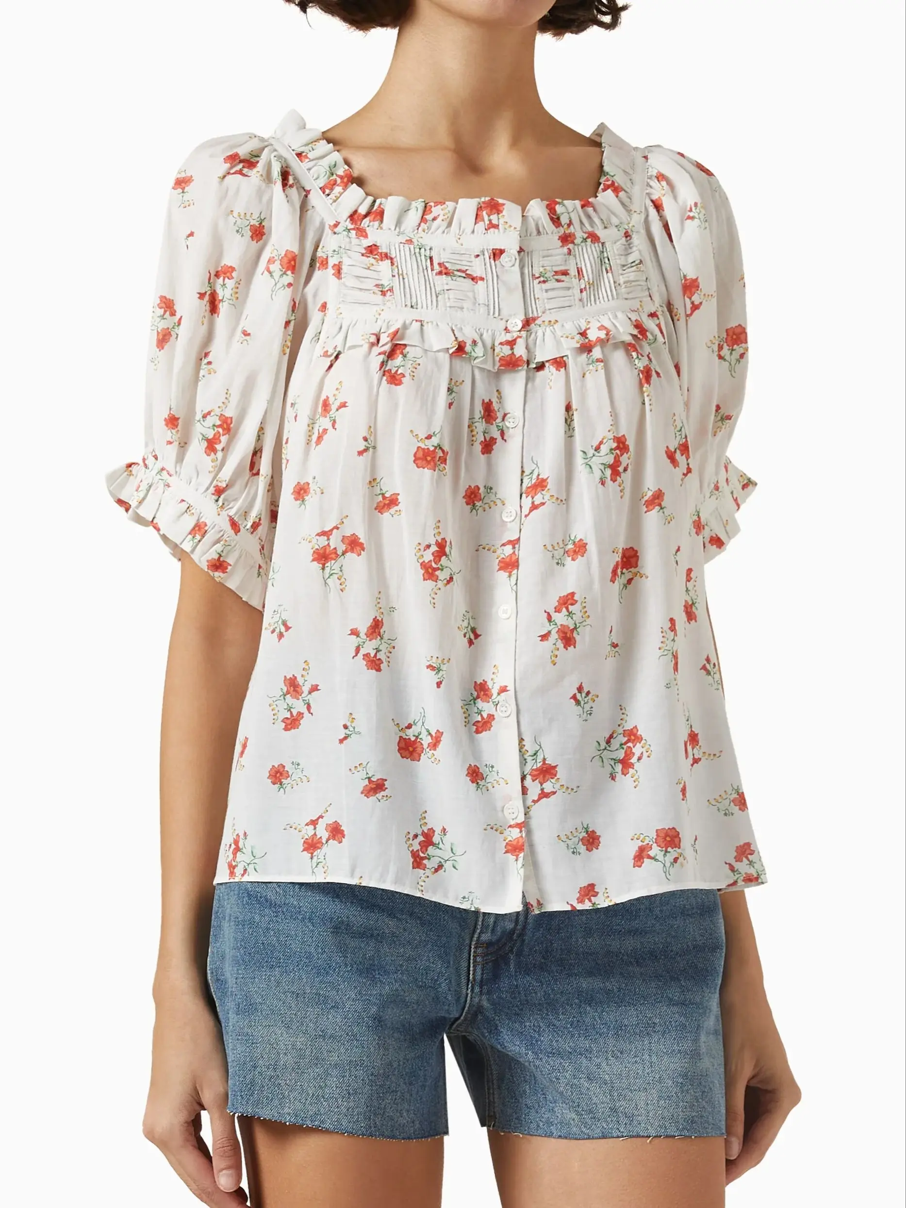 

Red Flower Print Women 100% Cotton Shirt Round Neck Puff Sleeve Casual Female Blouse Top
