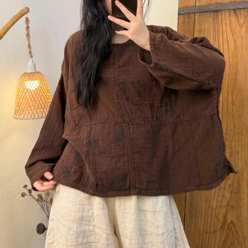 

Autumn Arts Style Women Long Sleeve O-neck Loose Tops Tees Patchwork Vintage Embroidery Cotton Linen T-shirt Female Tops TH79