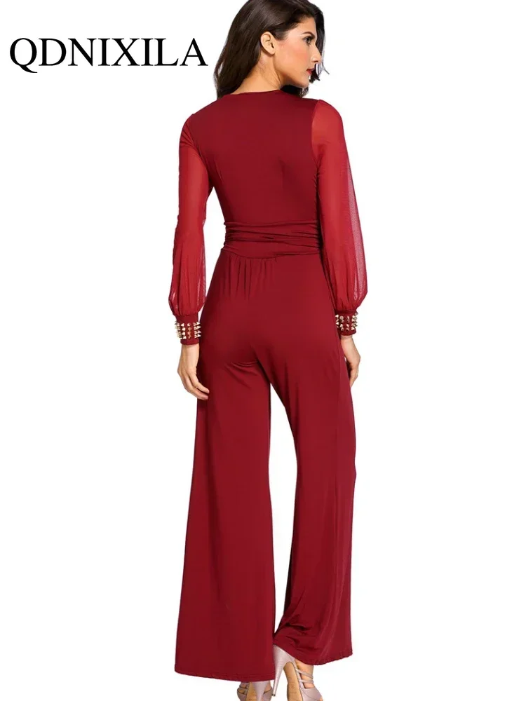 Nieuw In De Lente Zomer Jumpsuit Voor Dames Zwart V-Hals Mesh Splicing Rechte Eendelige Jumpsuit Sexy Streetwear Kleding