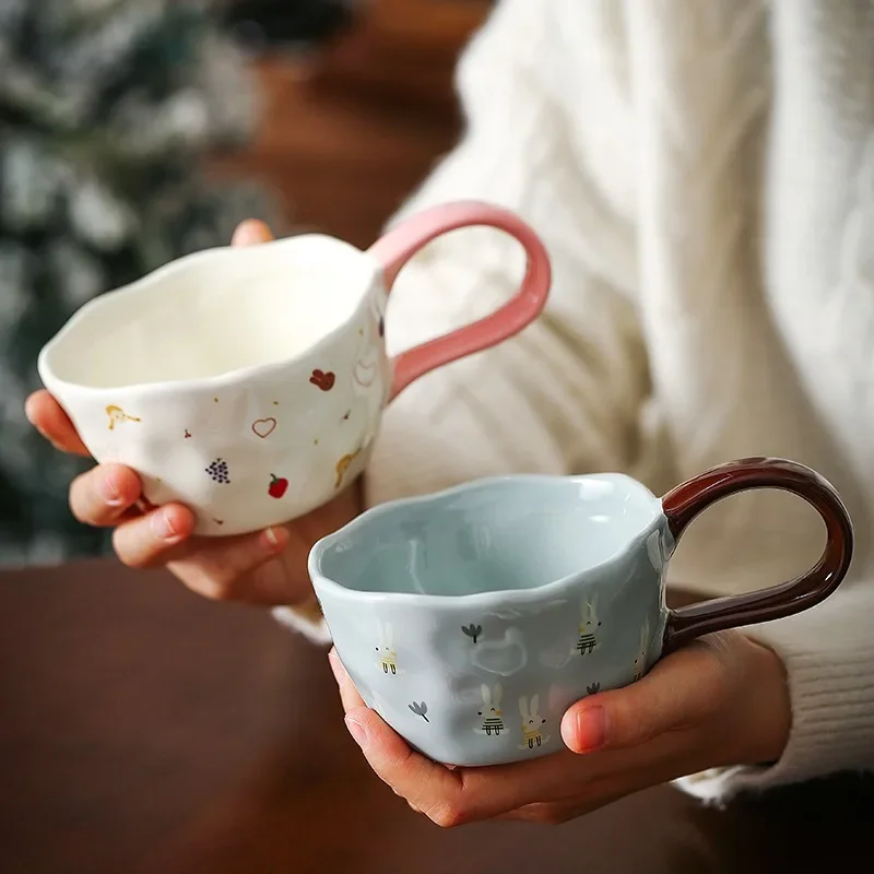 300ml Hand Pinched Irregular Ceramic Mugs Cute Bear Rabbit Coffee Cups Milk Cup for Kids Breakfast Oatmeal Cup Festival gift