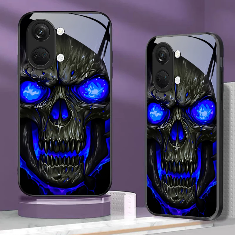 Coque de téléphone en verre noir avec crâne de feu bleu brillant, pour OnePlus Nord CE 2T 2 3 Lite 5G N20 30 7T Nord 8 8T 9 10 Pro 12 13