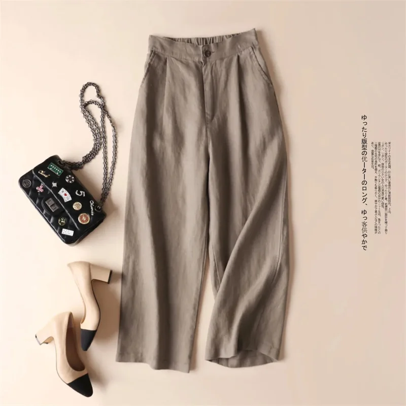 Summer Baggy Cotton Linen Pants Women Elegant High Waist White Wide Leg Pants Woman Casual Loose Straight Streetwear Bottom New