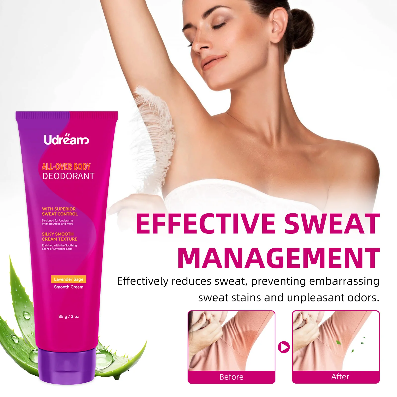 كريم مزيل عرق الجسم بالكامل 85 جرام مع اللافندر والمريمية، التحكم في العرق والرائحة خلال 24 ساعة، ناعم حريري للبشرة الحساسة تحت الإبطين