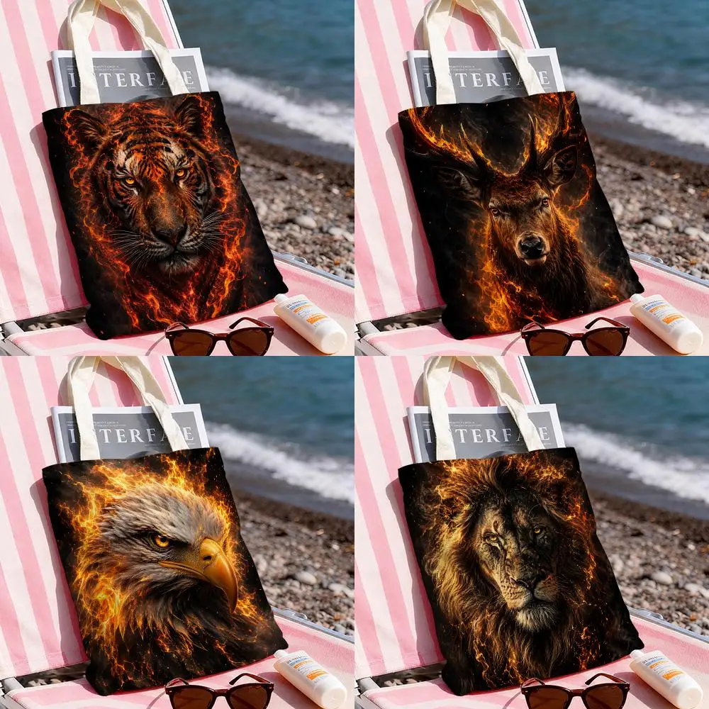 Fire Animal Storage Bags Large Capacity Reusable Eco Canvas Tote Handbag With Double-Sided Print