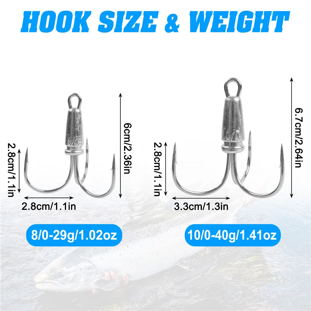 2Pcs Treble Snagging Hooks Weighted Fishing Hooks Big Bunker fishhooks Large Snag triple hooks 8/0 10/0 12/0 14/0