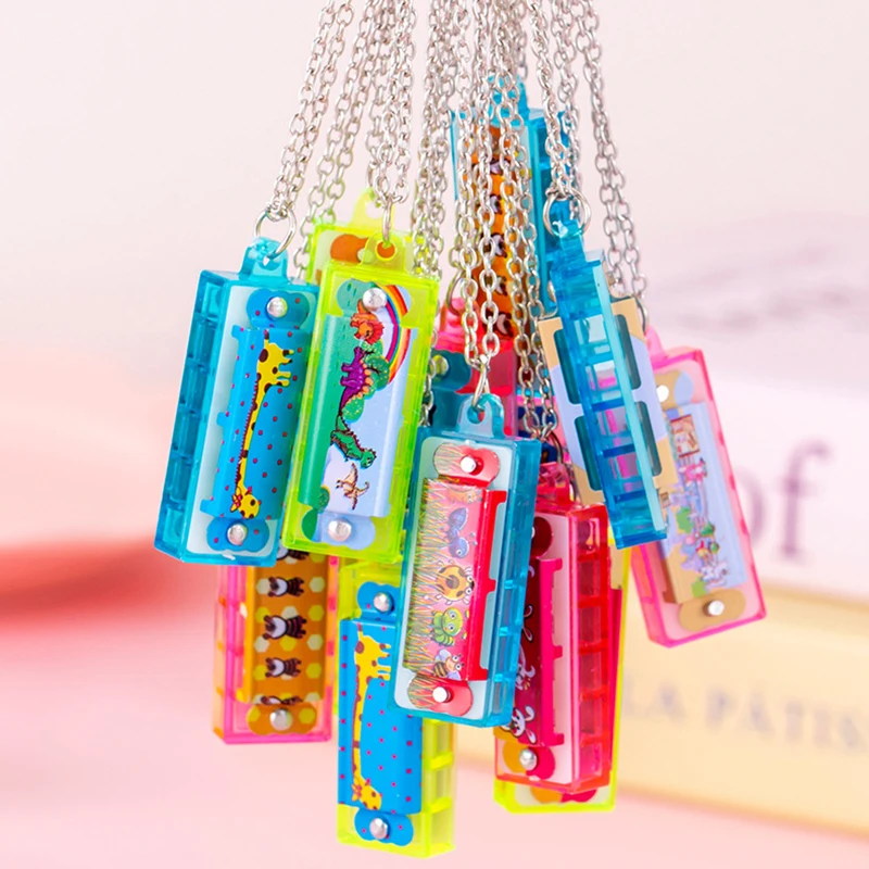 10Pcs Cartoon Mini Harmonica with Necklace Musical Instrument Toys for Kids Birthday Party Favors Baby Shower Pinata Fillers