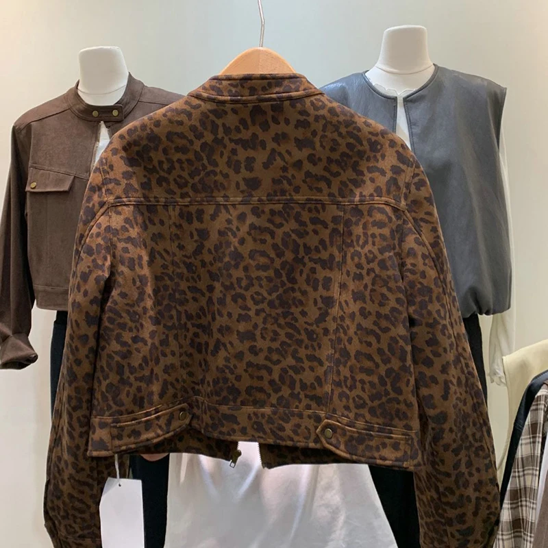 Y2K Leopard Cropped Jacket Women Hottie Streetwear Harajuku Vintage Coats Stand Collar Long Sleeve High Street Short Outwear New