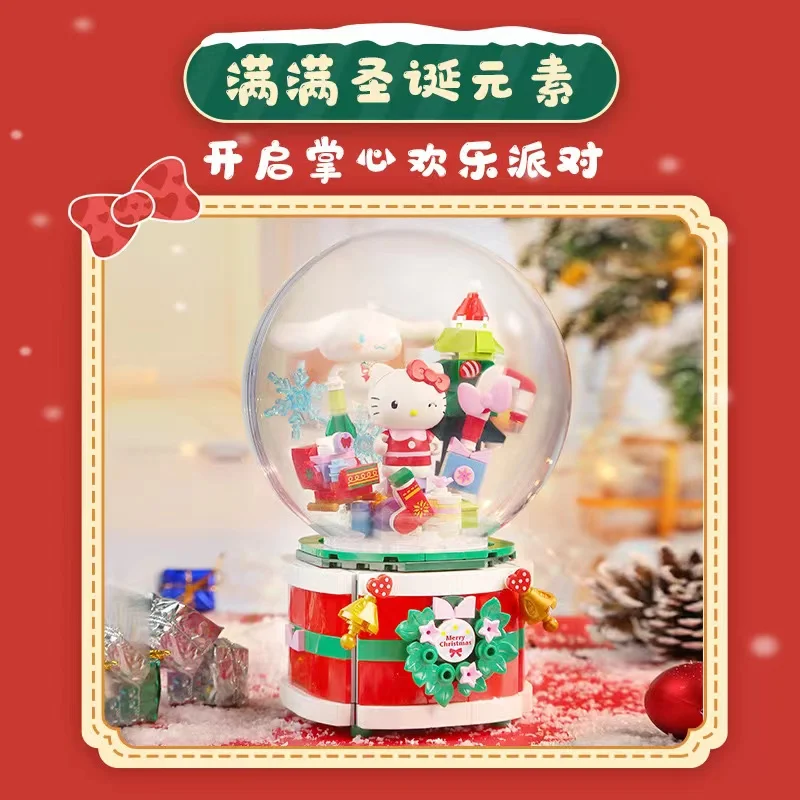 Anime Sanrio Hello Kitty Wish Christmas Time Rotating Music Box Cartoon Figures Assemble Model Building Blocks Puzzle Toys Gifts