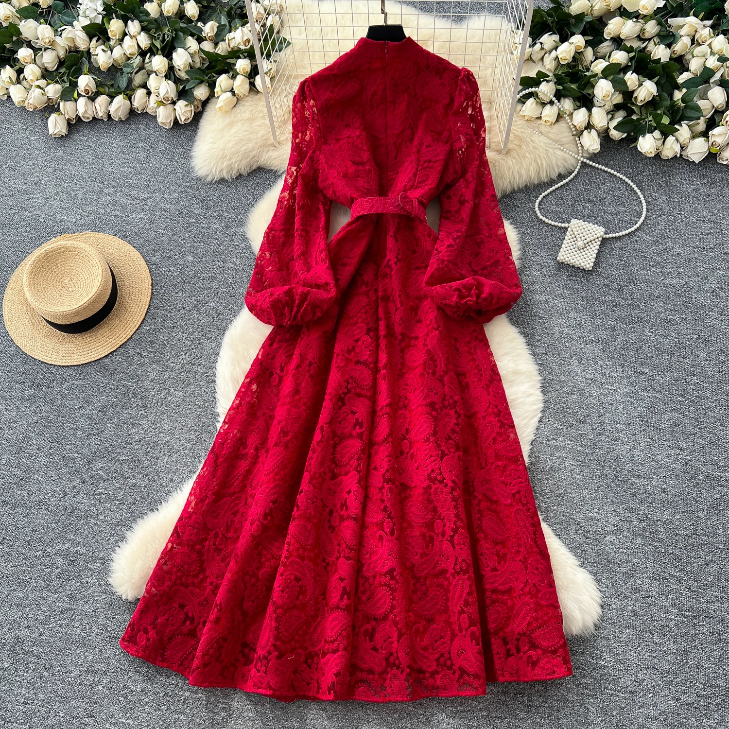 Embroidery Formal Evening Lace Dress New Women Single Breasted Crystal Belt Crochet Long Sleeve Maxi Dresses Prom Party Vestidos