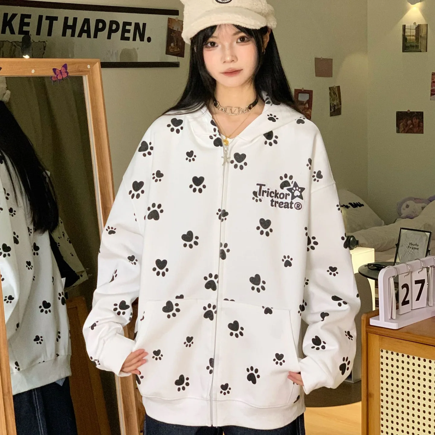 

Autumn Cute Hoodies Y2k Aesthetic Women Cartoon Paw Casual Print Zipper Loose Harajuku Loose Hooded Sweatshirt Young Girls Tops
