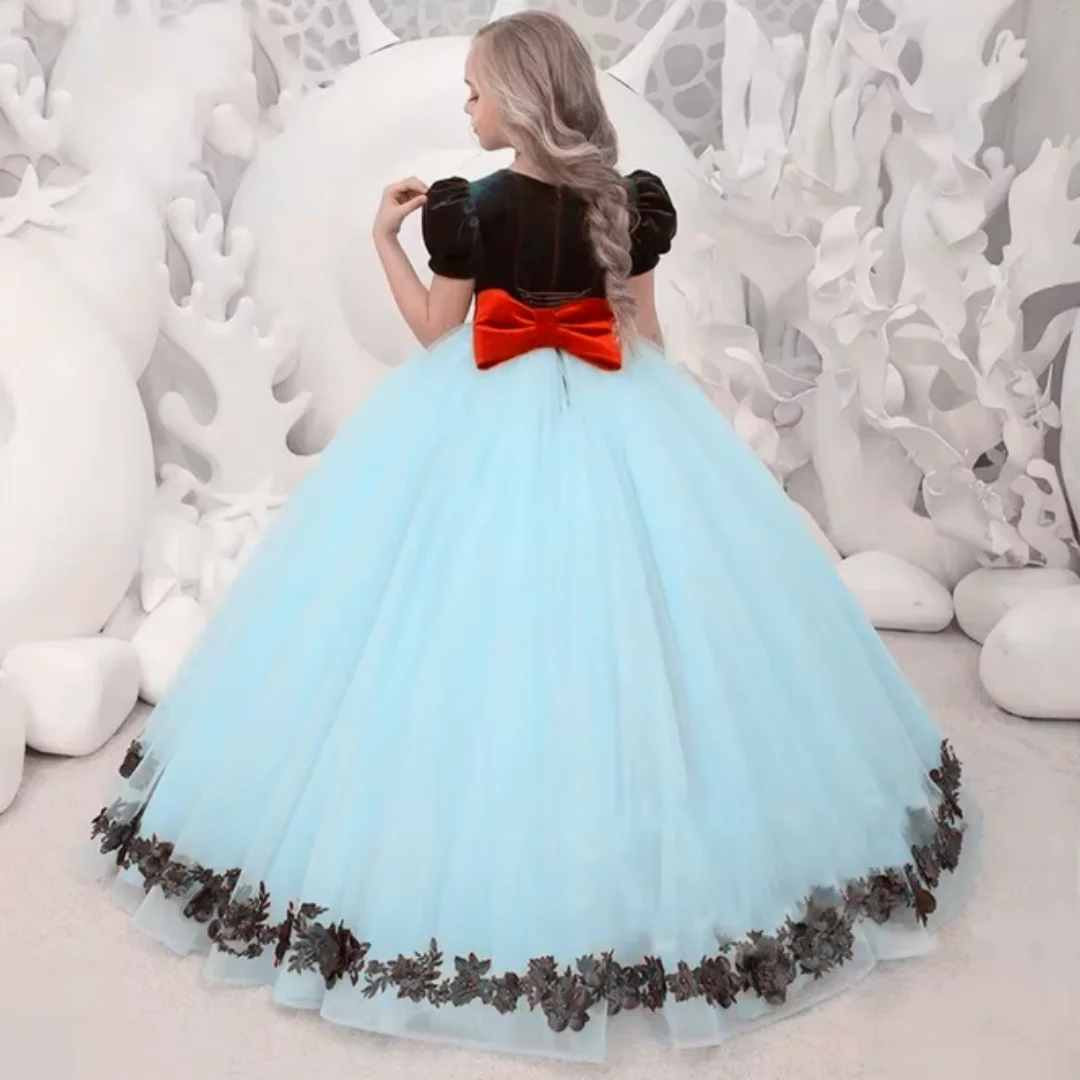 Gorgeous Little Princess Flower Girl Dress Two-Tone Patchwork with Red Bow Children's Birthday Party Ball Gown