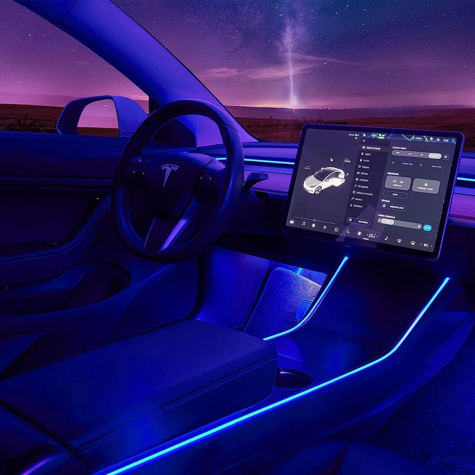 US  2016-2020 Tesla Model 3 Y Interior Car Neon Lights, (Center Console+Dashboard+2 Foot Lights) with Matching Armrest Organizer