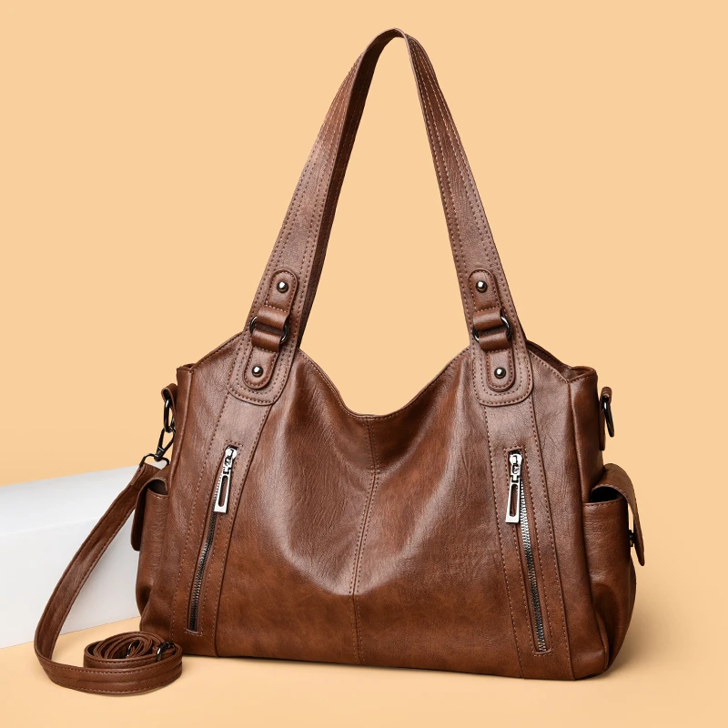 Damen Vintage PU-Leder Handtasche mit mehreren Reißverschlusstaschen, modische Schulter- und Umhängetasche für Arbeit, Alltag und Reisen – Detail 3